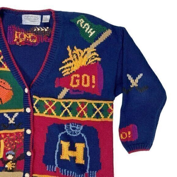 Northern Isles Sweater Womens 2X Blue Varsity Back to School Hand Knit Cardigan - Picture 6 of 16